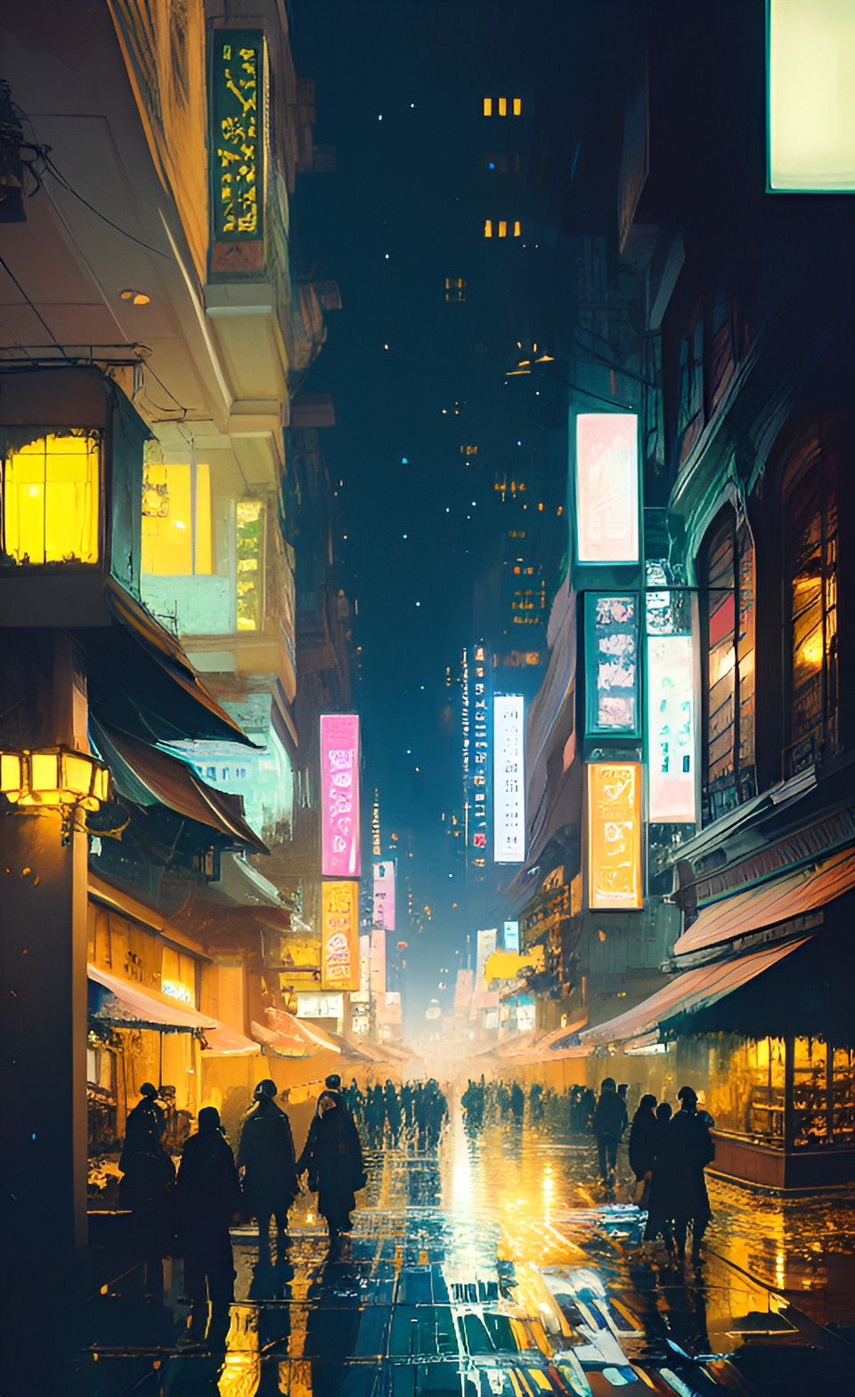 A bustling city street at night