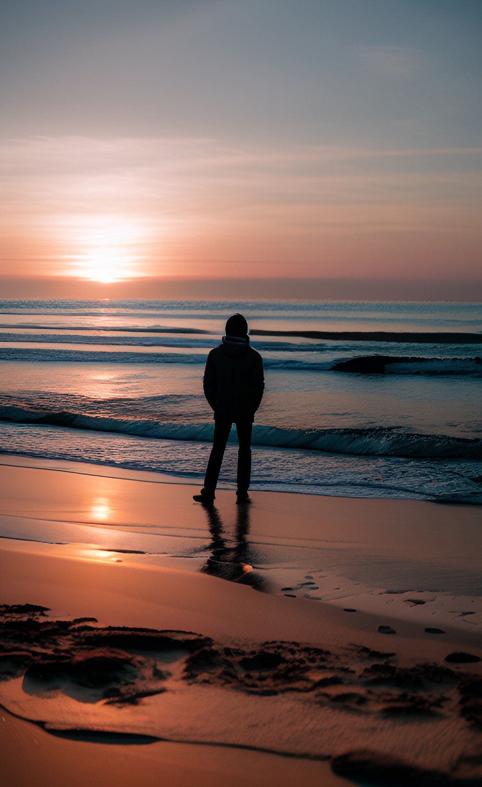 A person standing on a beach at sunrise