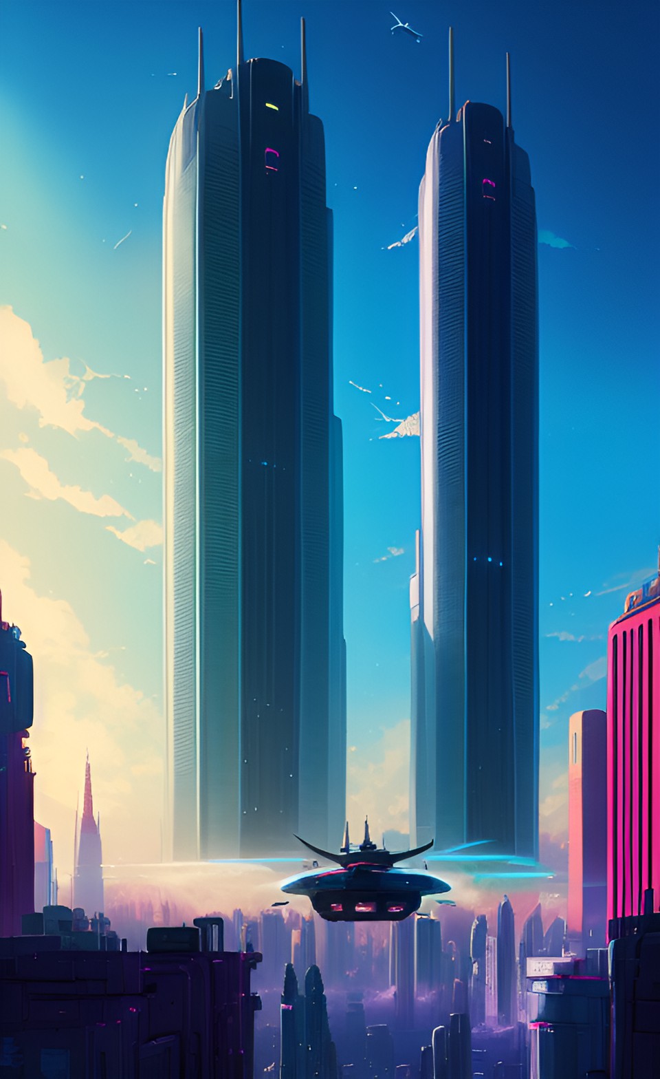 A futuristic city with flying cars and towering skyscrapers