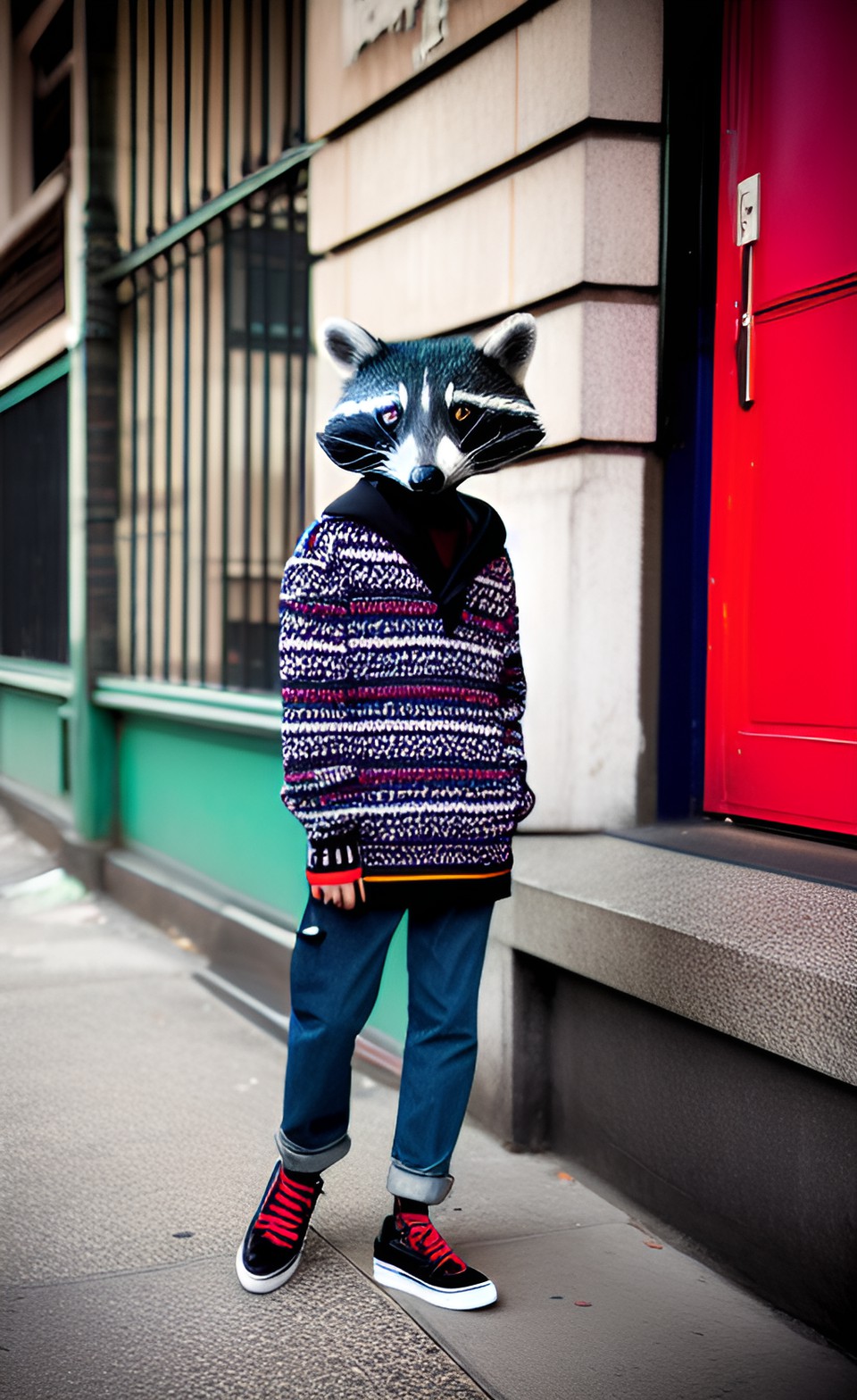 Edgy Racoon, Street Style-inspired, poster-like, contrasting colors