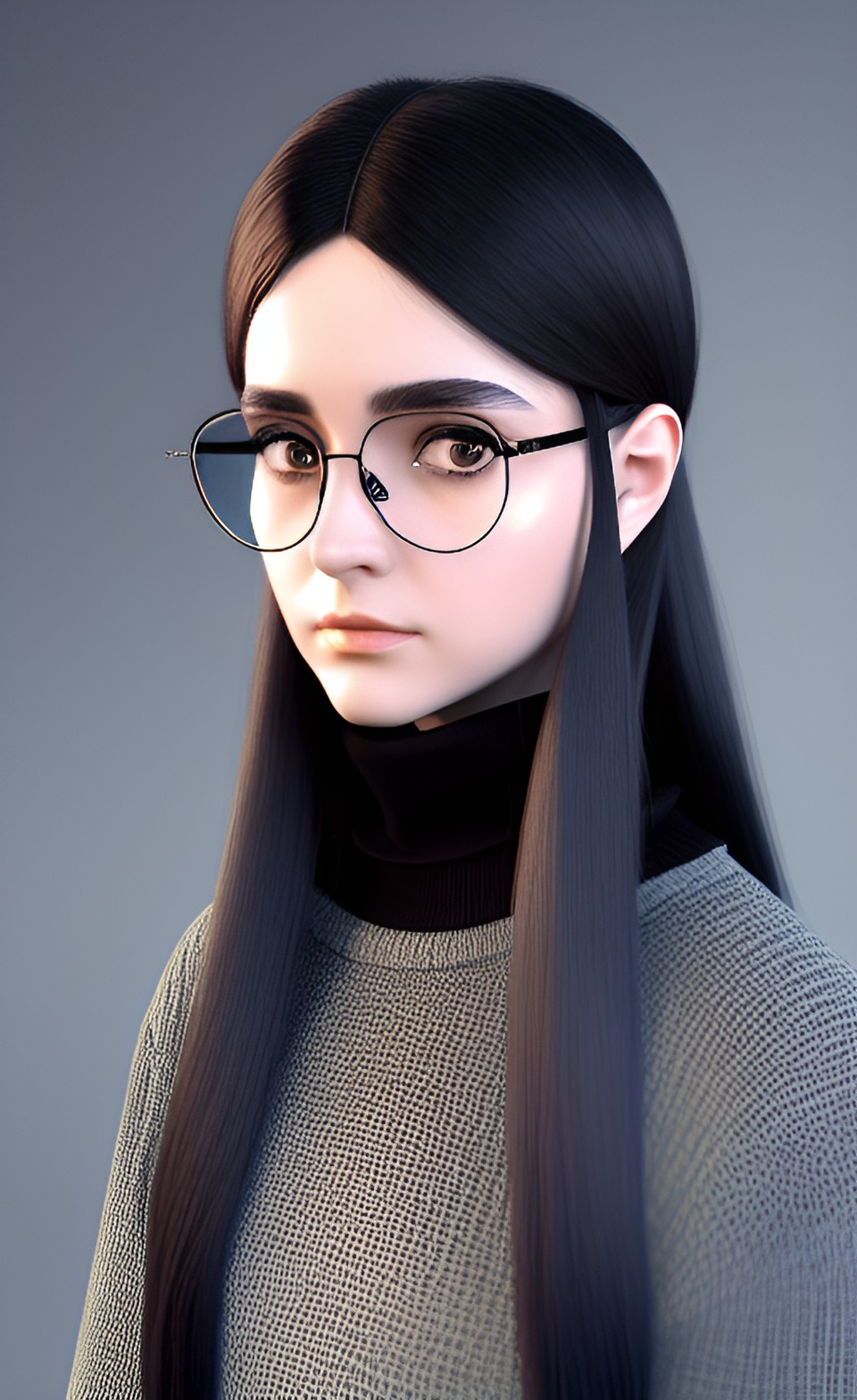 A long-haired girl character, black wire glasses, Piercing eyes,Wearing a white turtleneck, 3d style,light