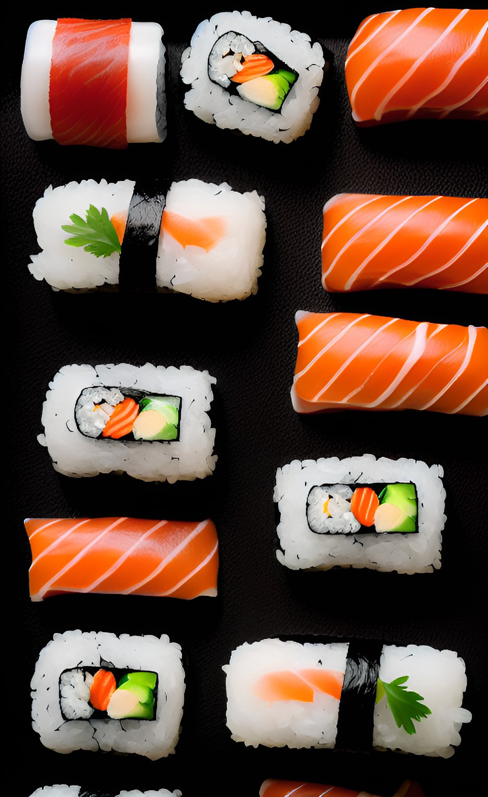 Photography of Sushi on Sleek Black Background, dark palette photography, 100mm, front shot