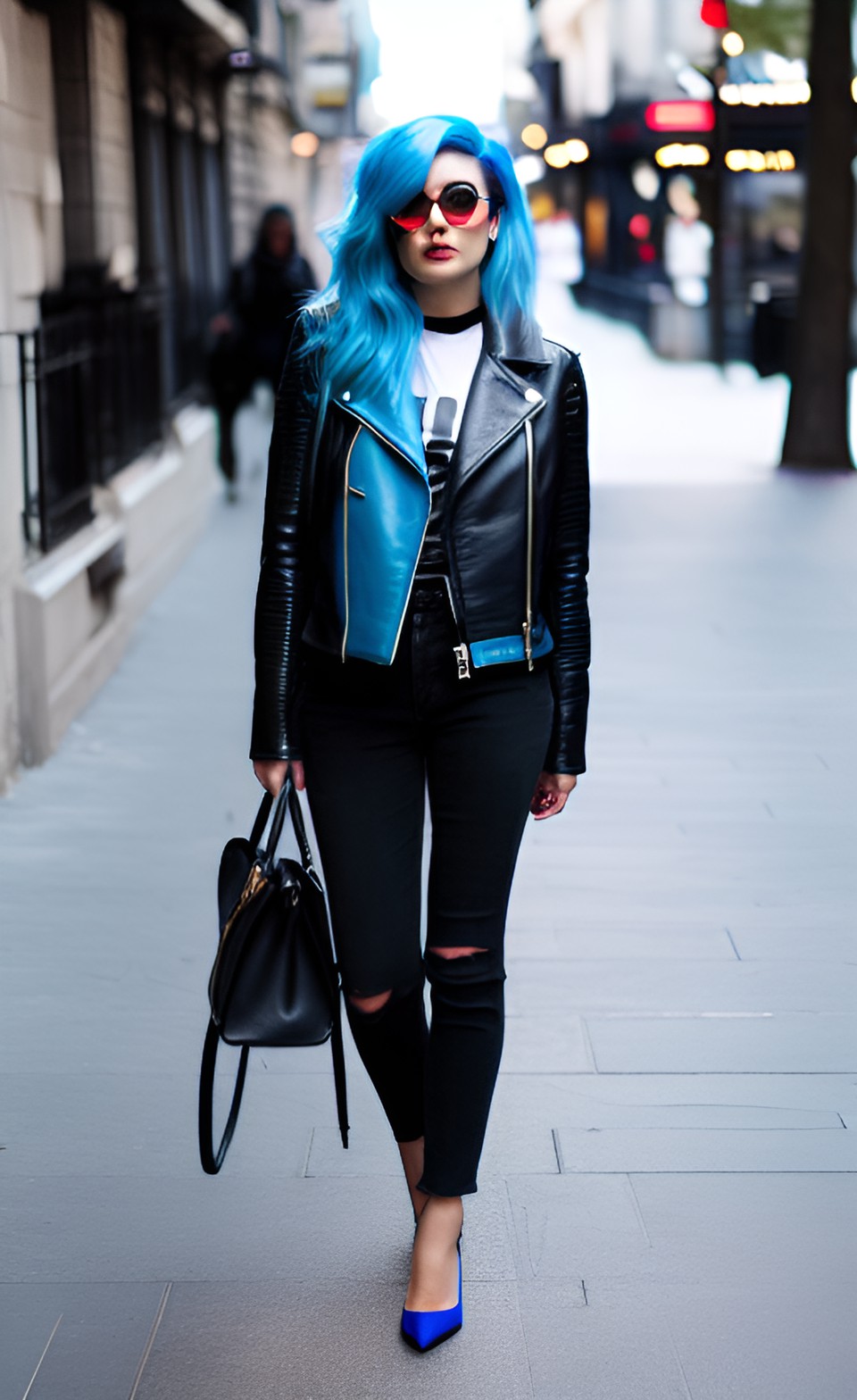 In the night, the edgy woman walking in the city with blue hair and wearing a leather jacket in style