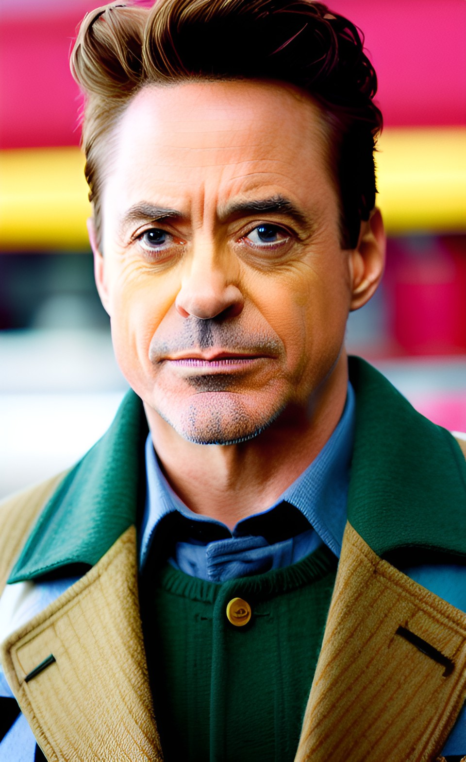 Vogue photoshoot of Robert Downey jr. on white background in Wes Anderson style, hyperrealistic